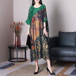 Bat Sleeves Printed Green Plump Dress Vintage Plus Size Caftan