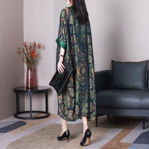 Bat Sleeves Printed Green Plump Dress Vintage Plus Size Caftan