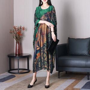 Bat Sleeves Printed Green Plump Dress Vintage Plus Size Caftan