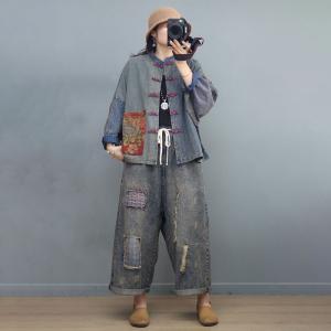 Flowers Pockets Chinese Jacket Cotton Linen Pankou Coat