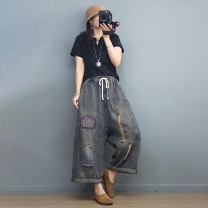 Boyfriend Style Patchwork Baggy Jeans Straight Legs Ripped Jeans