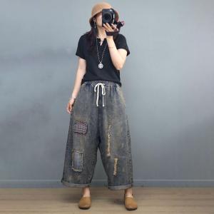 Boyfriend Style Patchwork Baggy Jeans Straight Legs Ripped Jeans