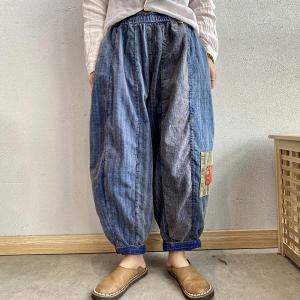 Patchwork Blue Striped Pants Stone Wash Casual Baggy Jeans