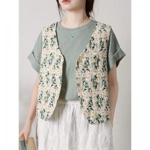 Boho Chic Linen Vest V-Neck Floral Embroidery Vest