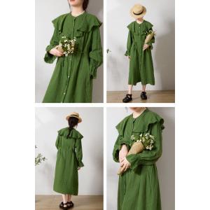 Scallop Collar Loose Green Dress Tied Linen Beach Dress