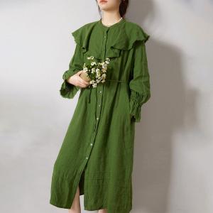 Scallop Collar Loose Green Dress Tied Linen Beach Dress