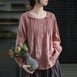 Puff Sleeves Pleated Linen Shirt Doll Collar Pink Blouse