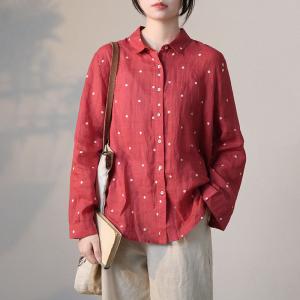 White Dotted Ramie Red Shirt Casual Comfy Ladies Blouse