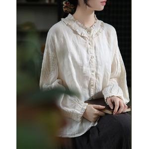 Pleated Sleeves Oversized Blouse Flouncing Collar Linen Shirt