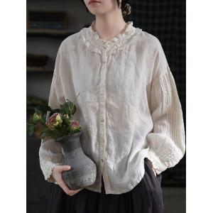 Pleated Sleeves Oversized Blouse Flouncing Collar Linen Shirt