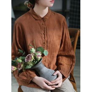 Lantern Sleeves Hollow Out Linen Blouse Comfy Beach Shirt