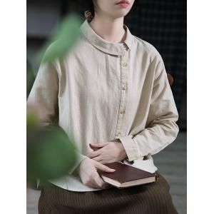Slanted Button Long Sleeves Blouse Cotton Linen Beige Shirt