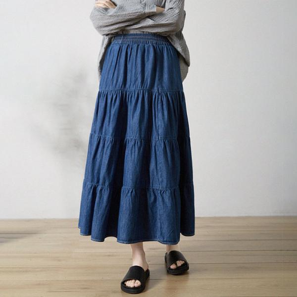 Street Style Denim Tiered Skirt Cotton Midi A-Line Skirt