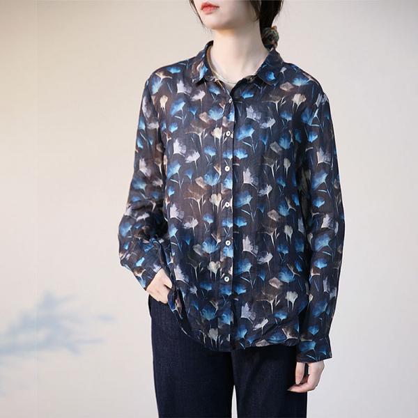 Blue Ginkgo Leaf Ramie Blouse Long Sleeves Business Casual Shirt
