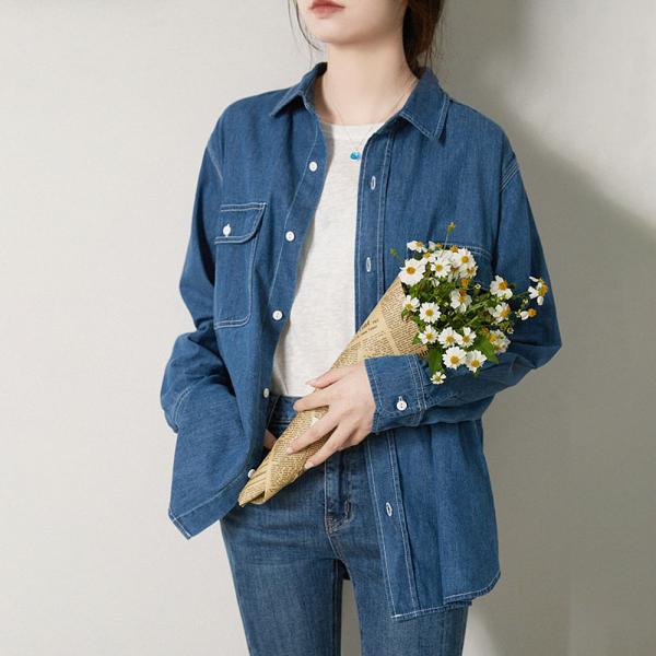 BF Style Blue Denim Shacket Cotton Linen Oversized Shirt