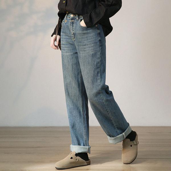 Street Style High Rise Jeans Baggy Straight Legs Cuffed Jeans