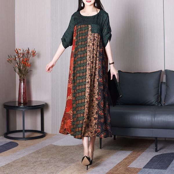 Totem Printing Ankle Length Dress Silk Vintage Loose Dress