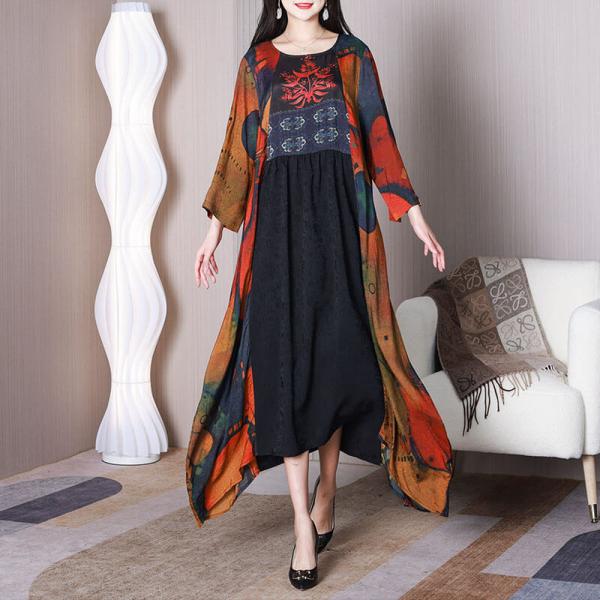 Crew Neck Red Flowers Flouncing Dress Silk Elegant A-Line Dress