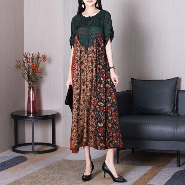 Loose-Fit Flowers Silk Dress Over50 Elegant Church Dress