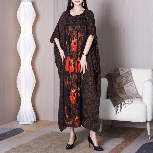 Red Peony Silk Caftan Dress Bat Sleeves Moroccan Dress