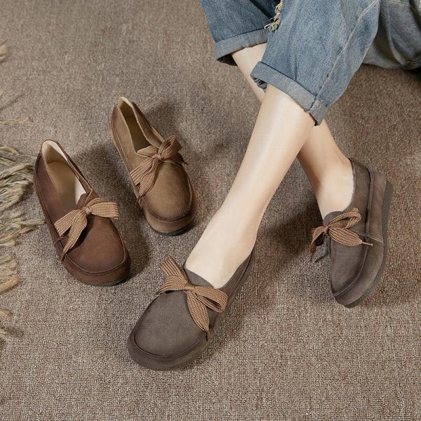 Soft Leather Tied Flats Round Toe Slip-On Footwear