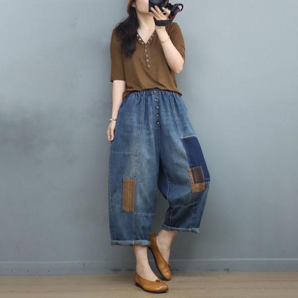 Colored Patchwork Baggy Jeans Button Fly Boyfriend Ankle Jeans