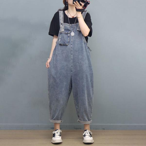 Chest Pocket Light Wash Overalls Loose Denim Bib Overalls