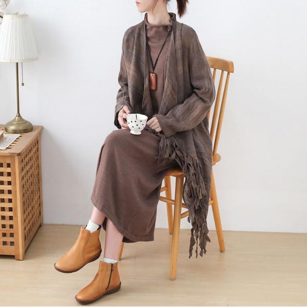 Gypsy Style Waterfall Cardigan Dark Coffee Linen Tassel Cardigan