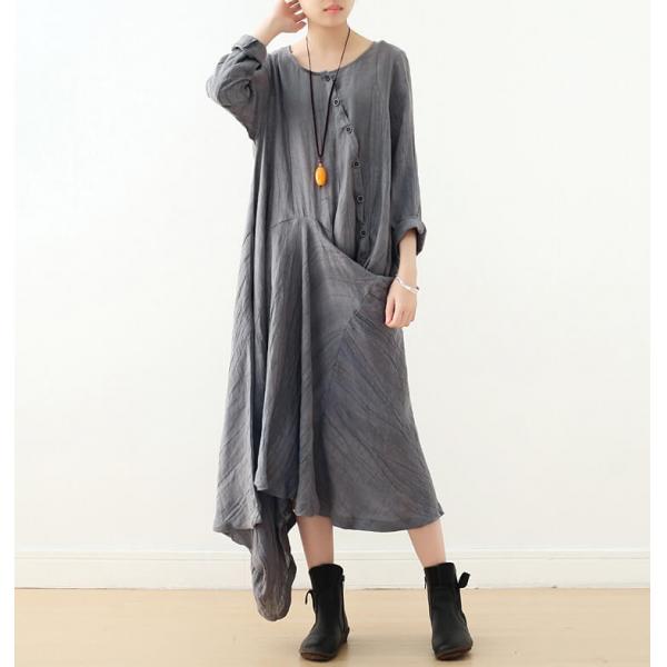 Long Sleeves Linen Designer Dress Slanted Buttons Draped Dress