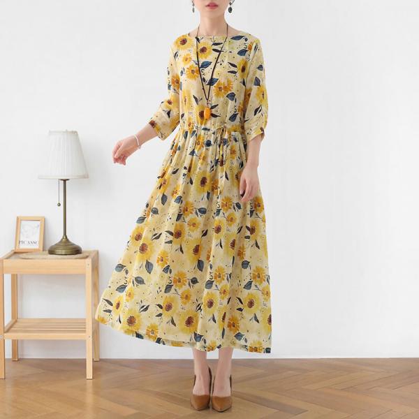 Sunflowers Prints Tied Waist Dress Ramie Yellow Travel Dress