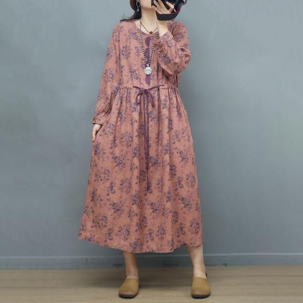 Spring Long Sleeves Floral Dress Linen Front Tied Dress