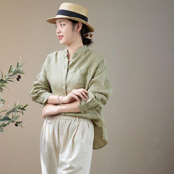 Chest Pocket Long Sleeves Casual Shirt Light Green Linen Blouse