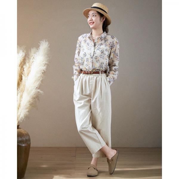 Business Casual Floral Blouse Slouchy Ramie Ladies Shirt