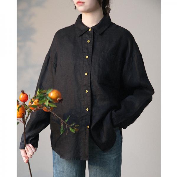 Single-Breasted Black Shirt Linen Office Oversized Shirt