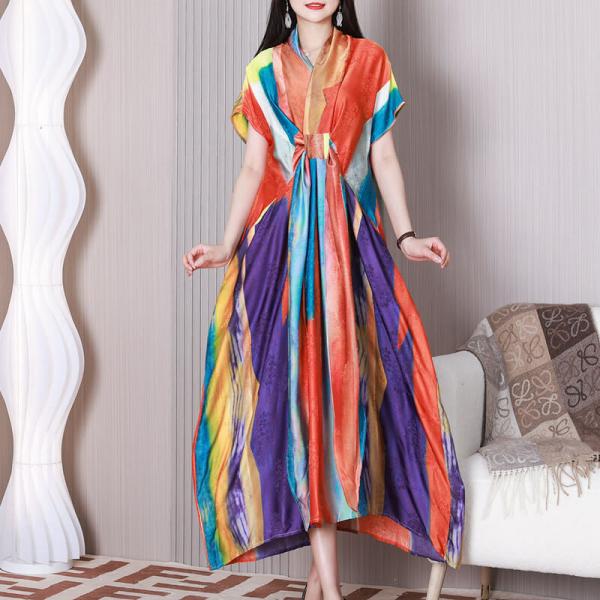 Short Sleeves Colorful Front Knot Dress Summer Maxi Swing Dress