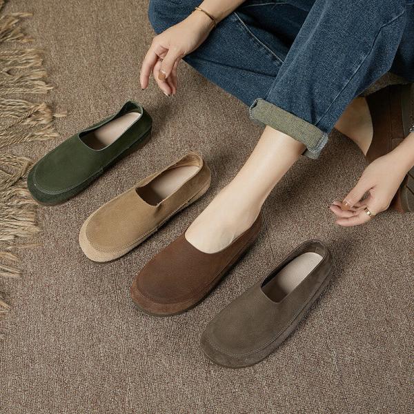 Round Toe Low Top Flats Soft Leather Cozy Travel Shoes