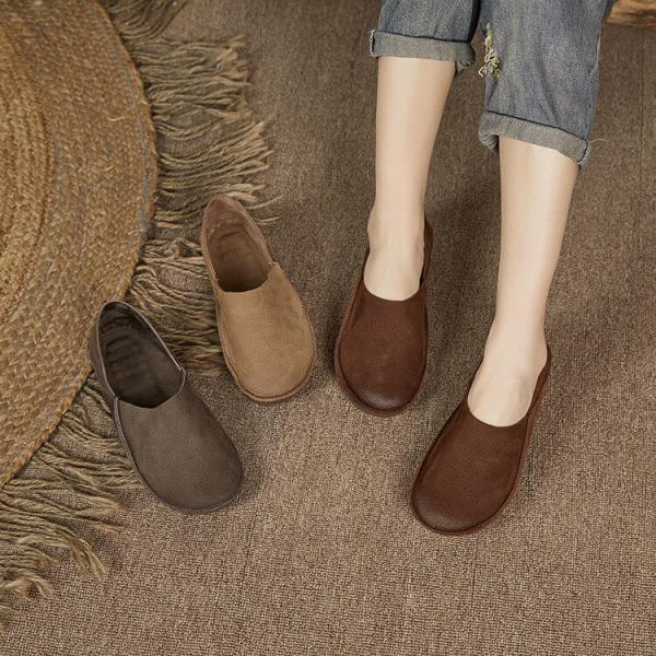 Wide Toe Summer Leather Flats Womens Plain Comfy Shoes
