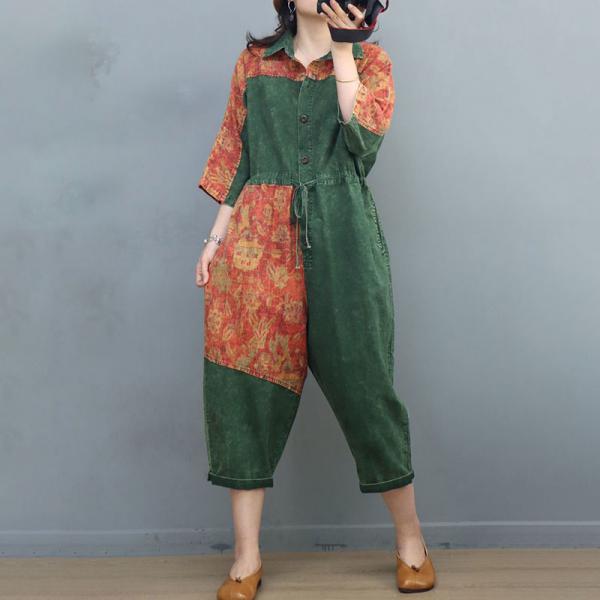 High-Waited Tied Folk Patchwork Olive Drab Jumpsuits