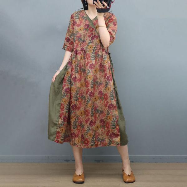 Summer Beach Floral Dress Loose Ramie Tied Waist Dress