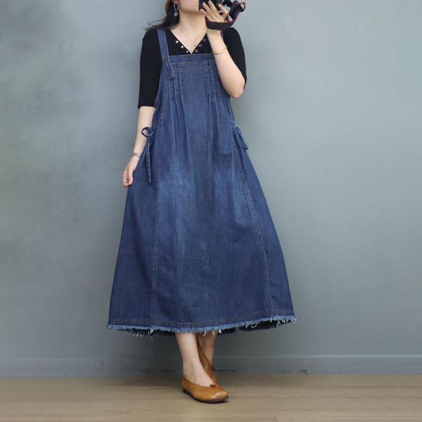 Raw Hem Side Belted Overall Dress Denim A-Line Jumper Dress