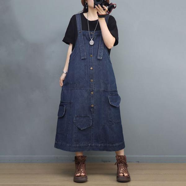 90s Fashion A-Line Jumper Dress Button Fly Jean Overalls Dress in