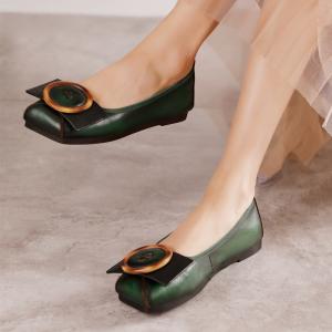 Round Toe Shallow Flats Buckle Applique Leather Granny Shoes