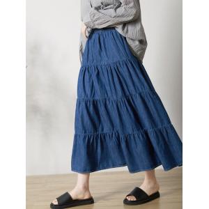 Street Style Denim Tiered Skirt Cotton Midi A-Line Skirt