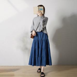 Street Style Denim Tiered Skirt Cotton Midi A-Line Skirt