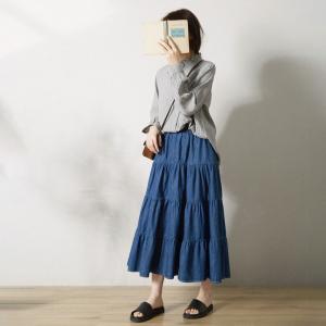 Street Style Denim Tiered Skirt Cotton Midi A-Line Skirt