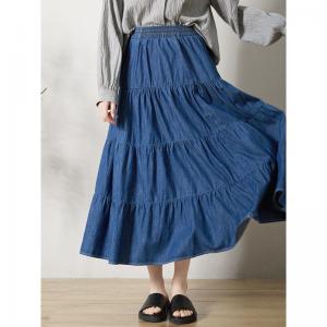 Street Style Denim Tiered Skirt Cotton Midi A-Line Skirt