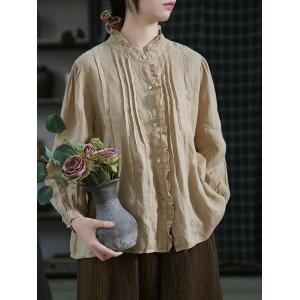 Oversized Pleated Linen Blouse Ruffled Neck Peasant Blouse