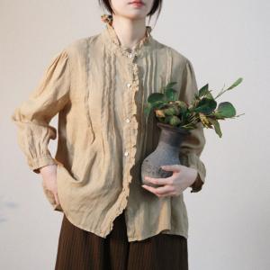 Oversized Pleated Linen Blouse Ruffled Neck Peasant Blouse