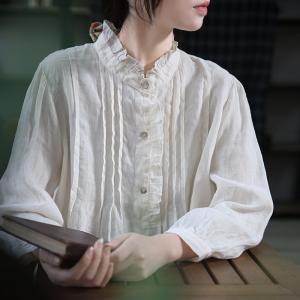 Oversized Pleated Linen Blouse Ruffled Neck Peasant Blouse