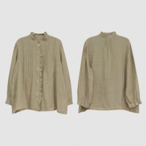 Oversized Pleated Linen Blouse Ruffled Neck Peasant Blouse